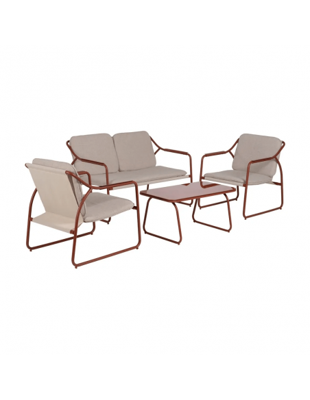 Conjunto outdoor SORELLS, 2 poltronas, sofá de 2 lugares e mesa de centro em aço terracota