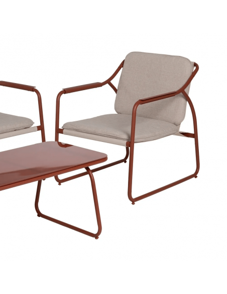 Conjunto outdoor SORELLS, 2 poltronas, sofá de 2 lugares e mesa de centro em aço terracota