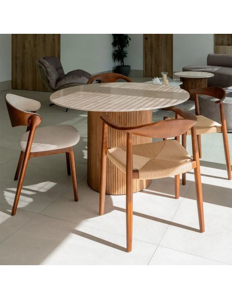 Mesa comedor redonda GISELL 120, mármol crema y madera