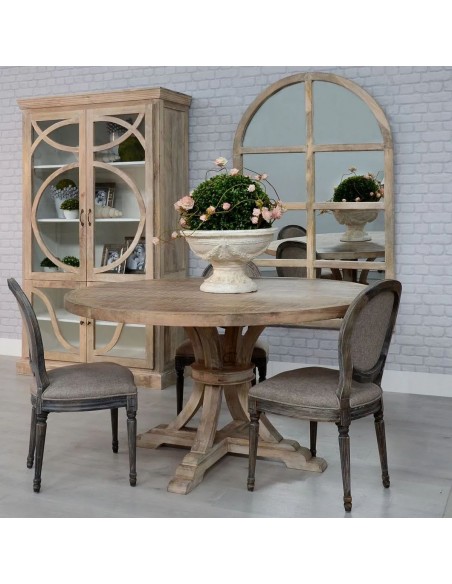 Mesa rústica redonda de comedor GAZA 150, madera mango blanco cepillado