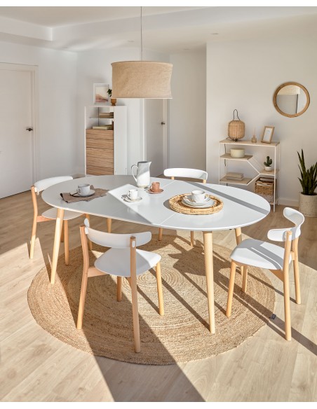 Mesa extensible redonda OQUI 120(200) x 120 cm. MDF lacado blanco y patas madera