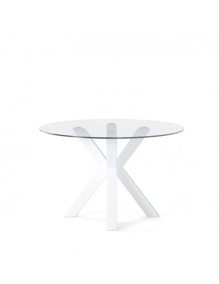 Mesa redonda de cristal Argo 100, base de acero en blanco