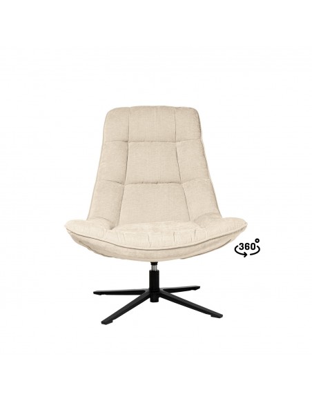 Poltrona PARMA giratória 360º, assento largo em tecido beige e pernas em metal.