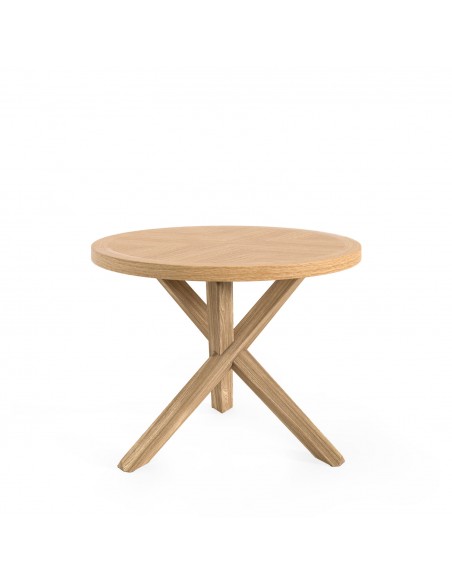 Mesa redonda Argo 120, chapa de roble y patas de madera maciza.