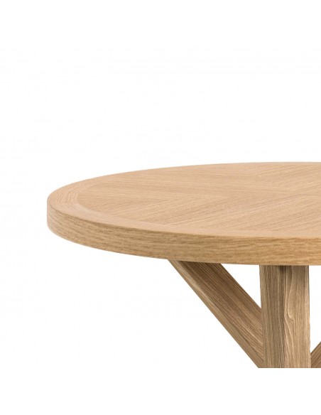 Mesa redonda Argo 120, chapa de roble y patas de madera maciza.