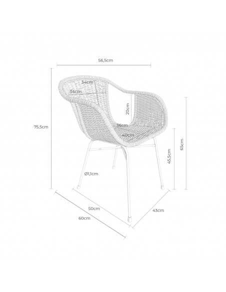 Cadeira em vime ALLEGRA com braços, base em metal natural e preto