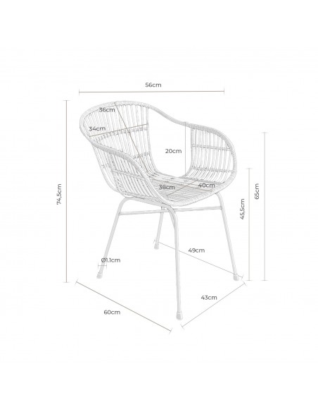 Cadeira design Nancy com braços em estrutura de metal preto de rattan natural