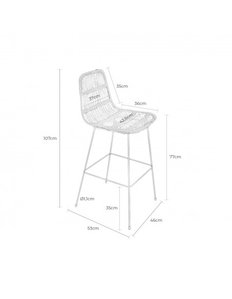 Banco de design GUIDO 77 em rattan natural e metal preto