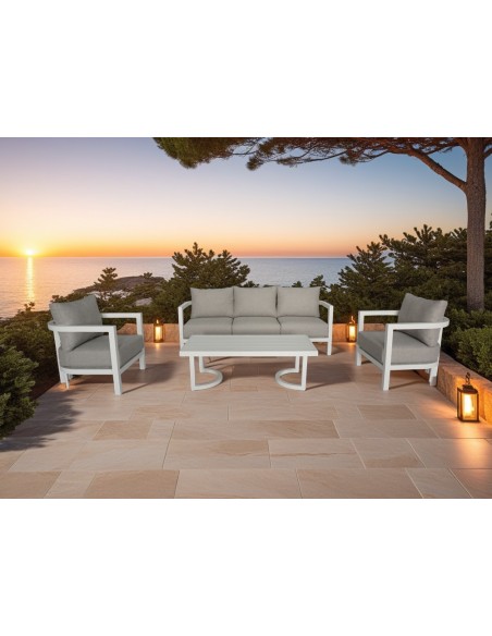 Set 4 exterior AVA, sofas y mesa de centro aluminio blanco y tejido beige