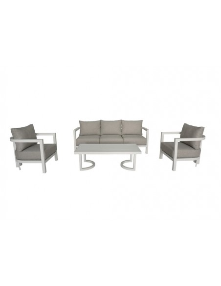 Set 4 exterior AVA, sofas y mesa de centro aluminio blanco y tejido beige