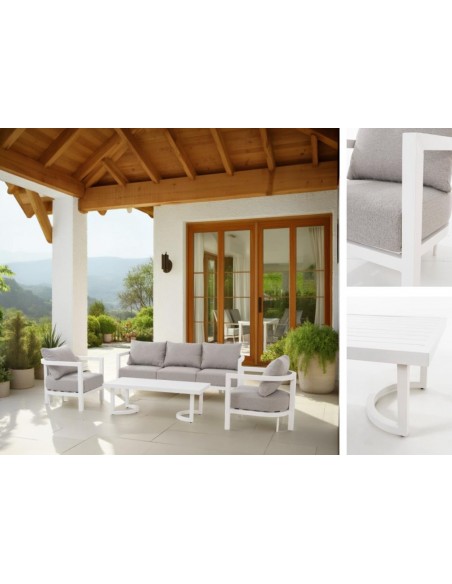 Set 4 exterior AVA, sofas y mesa de centro aluminio blanco y tejido beige