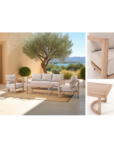 Set 4 exterior AVA, sofas y mesa de centro aluminio efecto madera y tejido beige