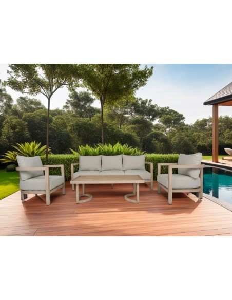 Conjunto 4 exteriores AVA, sofás e mesa de centro em alumínio com efeito madeira e tecido bege