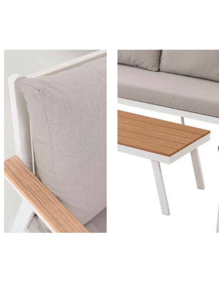 Set 4 exterior CORINTO, sofas y mesa de centro aluminio blanco, madera sintética y asientos beige