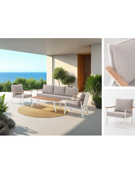 Set 4 exterior CORINTO, sofas y mesa de centro aluminio blanco, madera sintética y asientos beige
