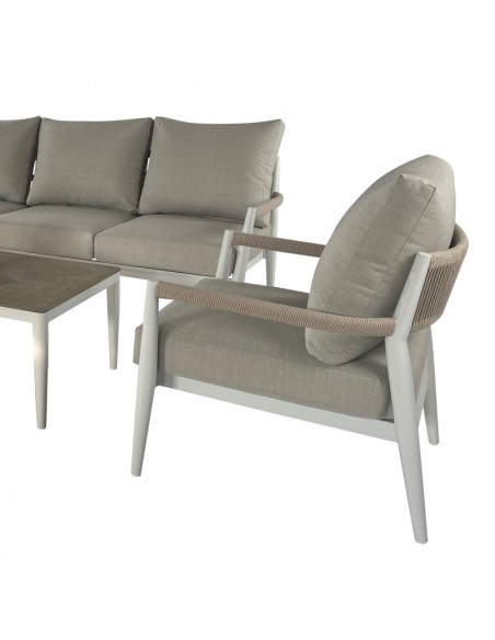 Set 4 exterior FORMENTOR, sofás y mesa de centro aluminio blanco y tejido beige