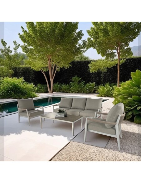 Set 4 exterior FORMENTOR, sofás y mesa de centro aluminio blanco y tejido beige