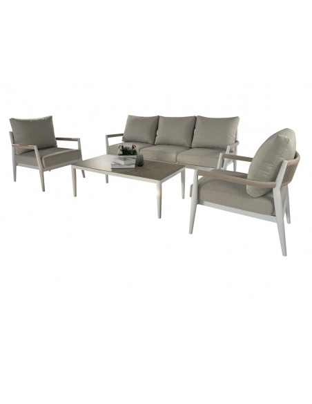 Set 4 exterior FORMENTOR, sofás y mesa de centro aluminio blanco y tejido beige