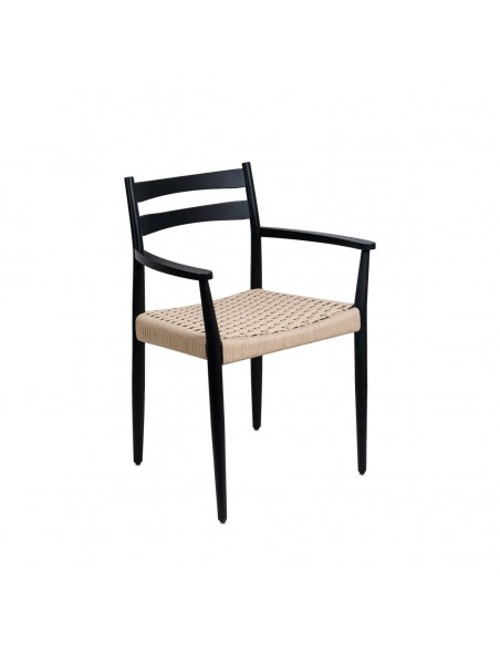 Silla mediterránea con brazos EDNA en madera negra y cuerda