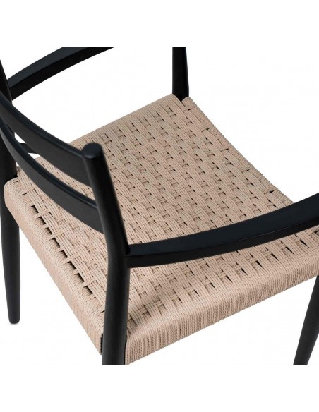 Silla mediterránea con brazos EDNA en madera negra y cuerda