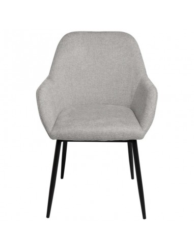 Cadeira de sala ISABELLA, tecido cinza claro e pés de metal preto.