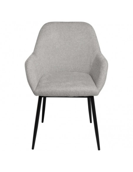 Cadeira de sala ISABELLA, tecido cinza claro e pés de metal preto.