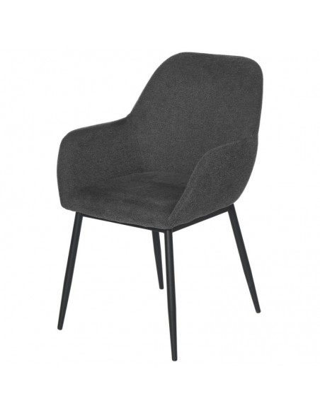 Cadeira de sala ISABELLA, tecido cinza escuro e pés de metal preto.