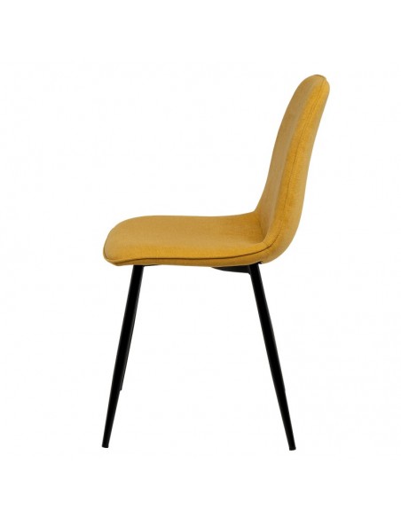 Silla MARLEEN tapizada con tela mostaza y patas de metal color negro.