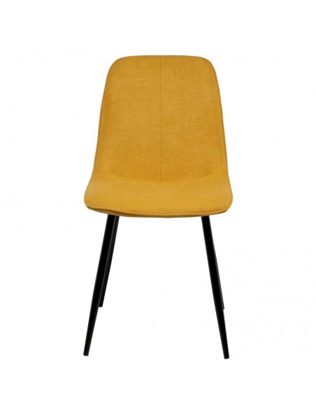 Silla MARLEEN tapizada con tela mostaza y patas de metal color negro.