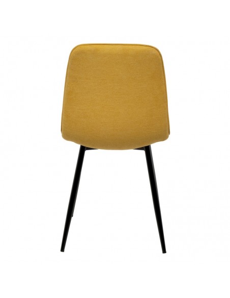 Silla MARLEEN tapizada con tela mostaza y patas de metal color negro.