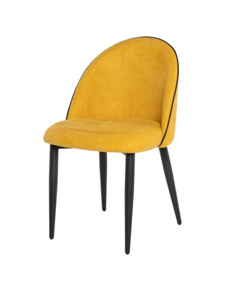 Silla de comedor SLOANE, tapizada color mostaza con patas de metal negro.