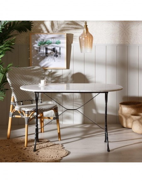 Mesa oval vintage SHANELL 120 x 60, mármol blanco y hierro forjado negro