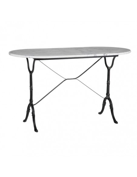 Mesa oval vintage SHANELL 120 x 60, mármol blanco y hierro forjado negro