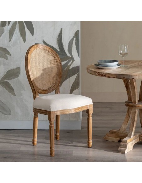 Silla medallón GAZARA, madera en blanco cepillado y ratan