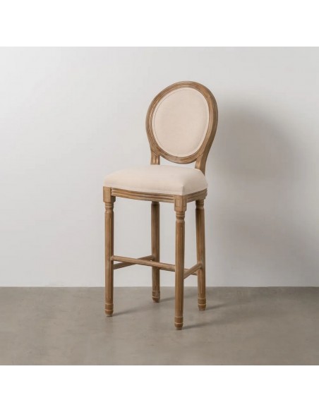 Taburete medallón GAZARA, madera en blanco cepillado y tejido lino