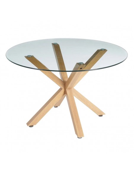 Mesa redonda de cristal Argo 120, patas de acero efecto madera.