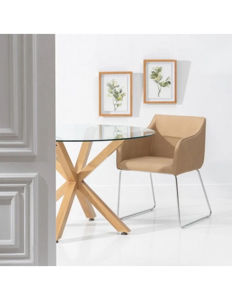 Mesa redonda de cristal Argo 120, patas de acero efecto madera.