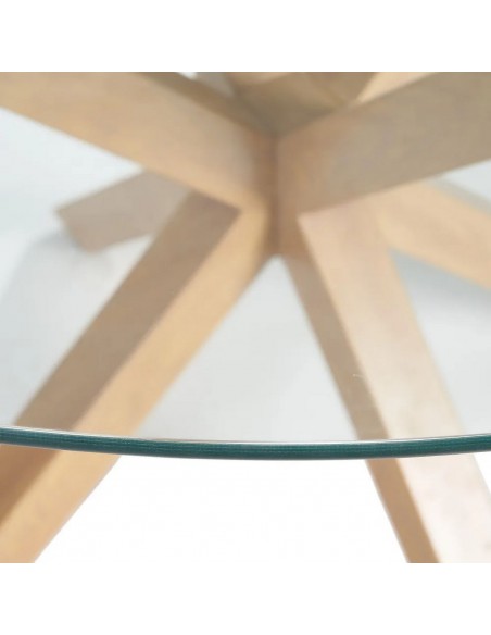 Mesa redonda de cristal Argo 120, patas de acero efecto madera.