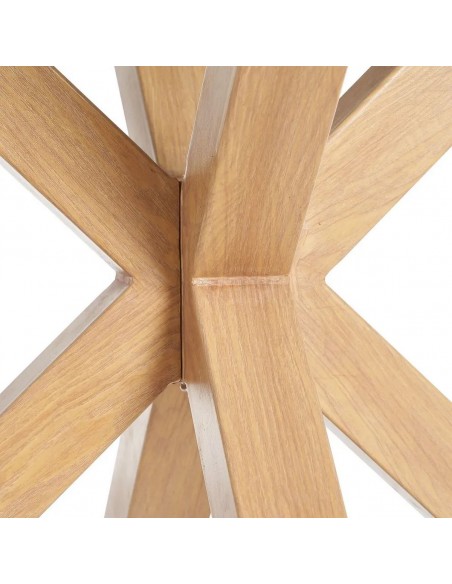 Mesa redonda de cristal Argo 120, patas de acero efecto madera.