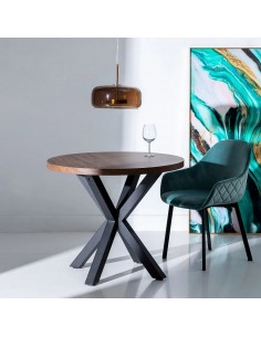 Mesa redonda madera Argo 90, MDF Nogal y metal negro. 2