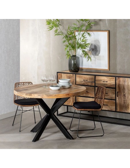 Mesa redonda madera mango Argo 120, pies metal negro.