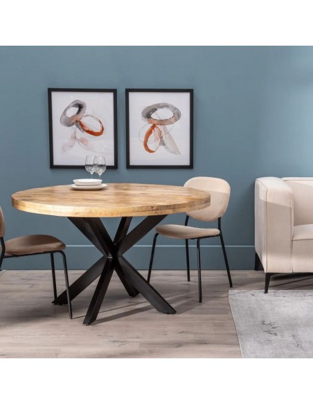 Mesa redonda Argo 130 en madera de mango y pies de metal negro.