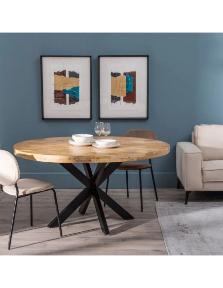 Mesa redonda Argo de 150 em madeira de manga e pés de metal preto.