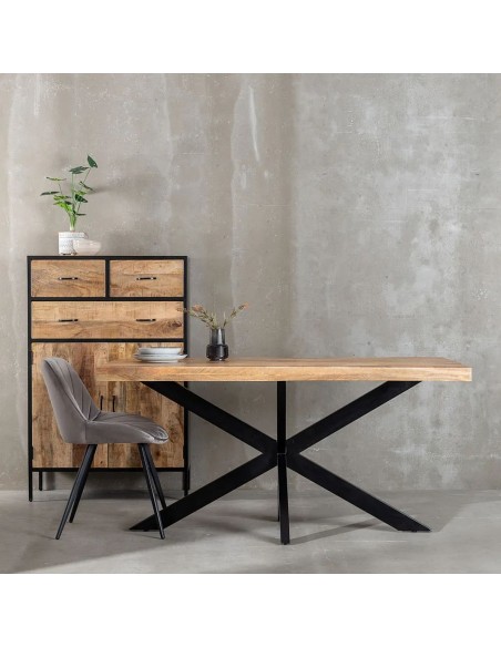 Mesa diseño Argot 180 x 90, madera de mango natural y patas de metal negro.
