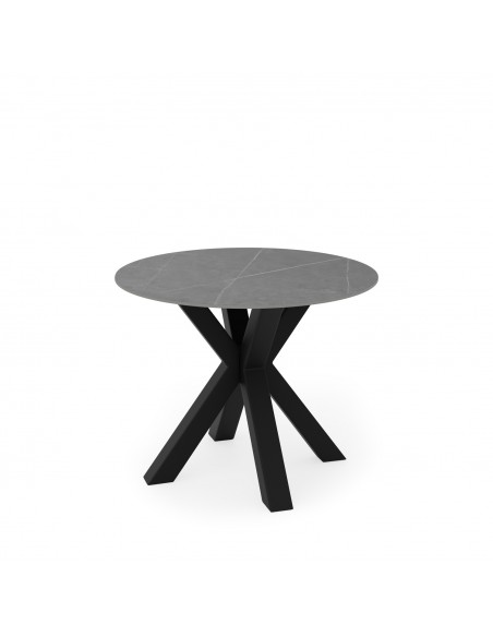 Mesa redonda Argo de porcelânico cinza de 100 cm, pés de metal preto.