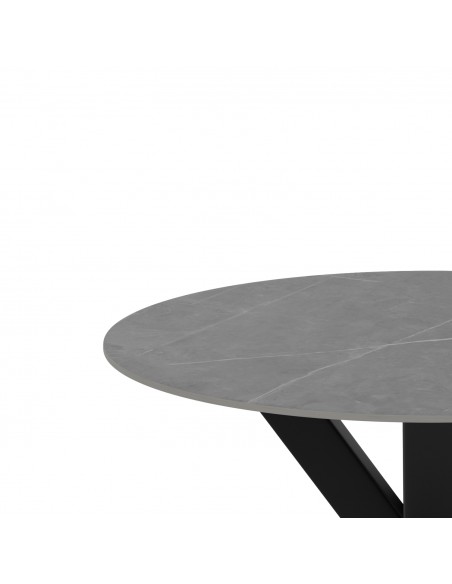 Mesa redonda Argo de porcelânico cinza de 100 cm, pés de metal preto.