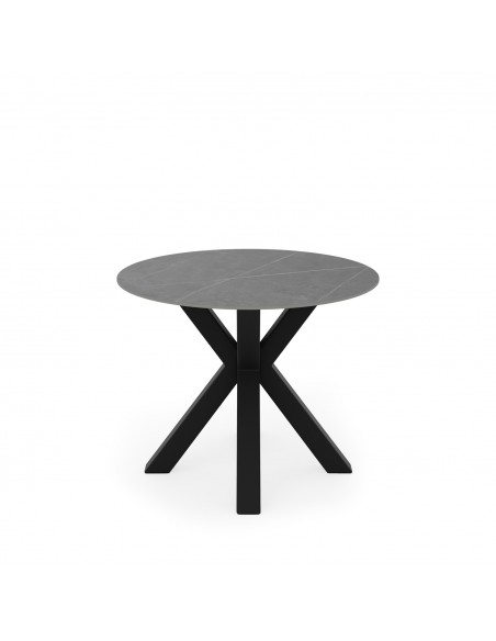 Mesa redonda Argo de porcelânico cinza de 100 cm, pés de metal preto.