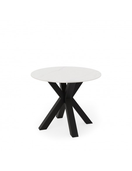 Mesa redonda Argo de porcelânico branco de 100, pés de metal preto.