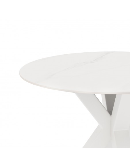 Mesa redonda Argo de porcelânico branco de 100, pés de metal branco.