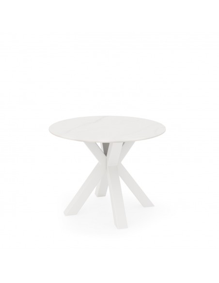 Mesa redonda Argo de porcelânico branco de 100, pés de metal branco.